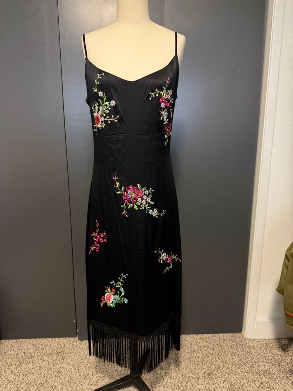 Betsey Johnson Black Embroidered Slip Dress with Fringe